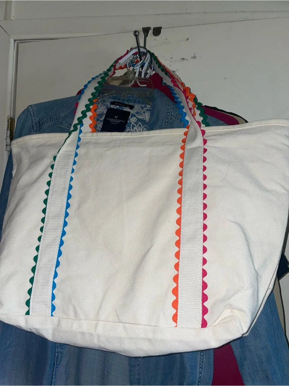 White Canvas Tote with Multicolor Trim by Unknown Brand